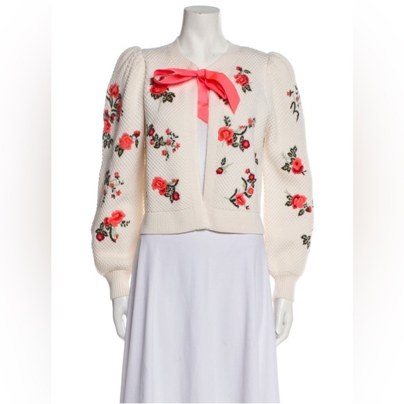 ALICE + OLIVIA Kitty Floral Embroidered Puff Sleeve Wool Cardigan Size Med NWT - Picture 9 of 11